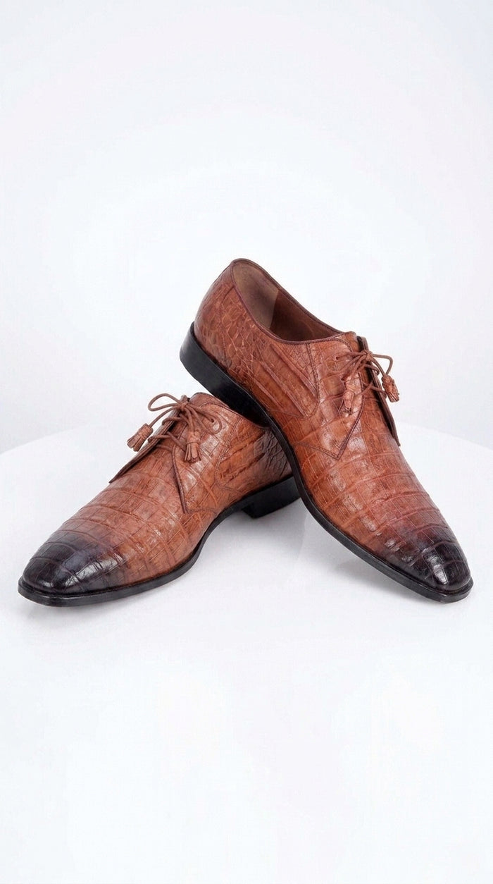 Men’s Los Altos Cognac Crocodile Italian Toe Shoes, Exotic Lace Up Dress Shoes
