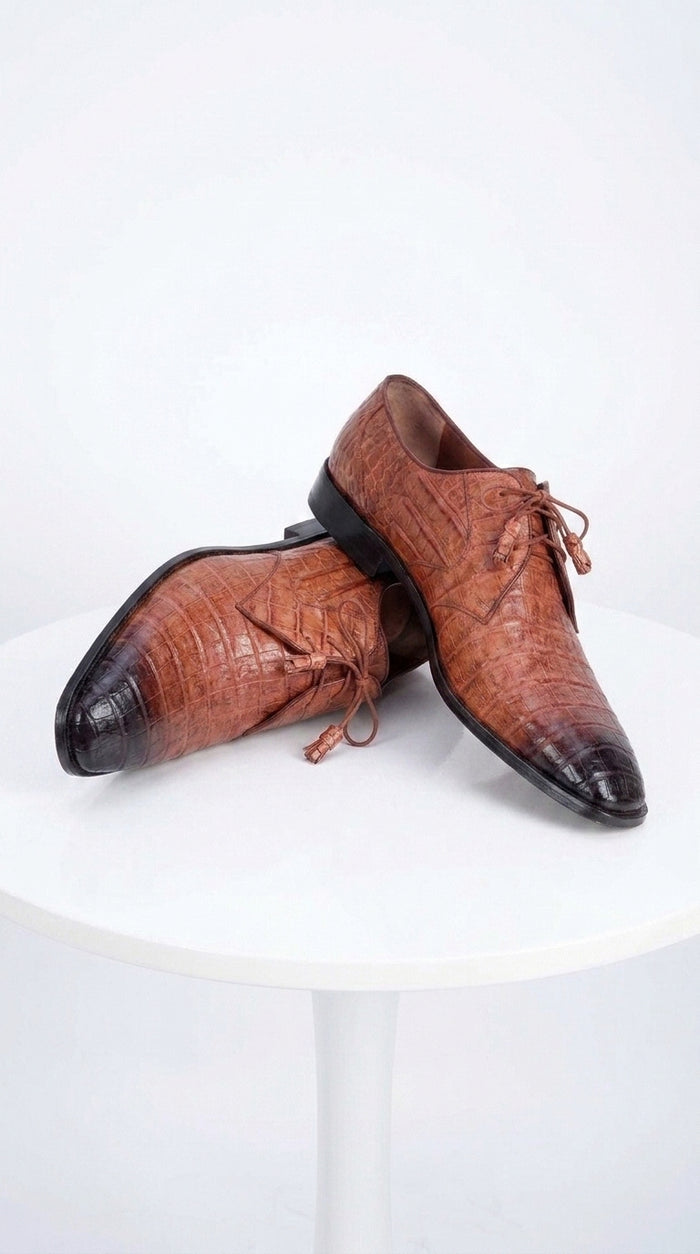Men’s Los Altos Cognac Crocodile Italian Toe Shoes, Exotic Lace Up Dress Shoes