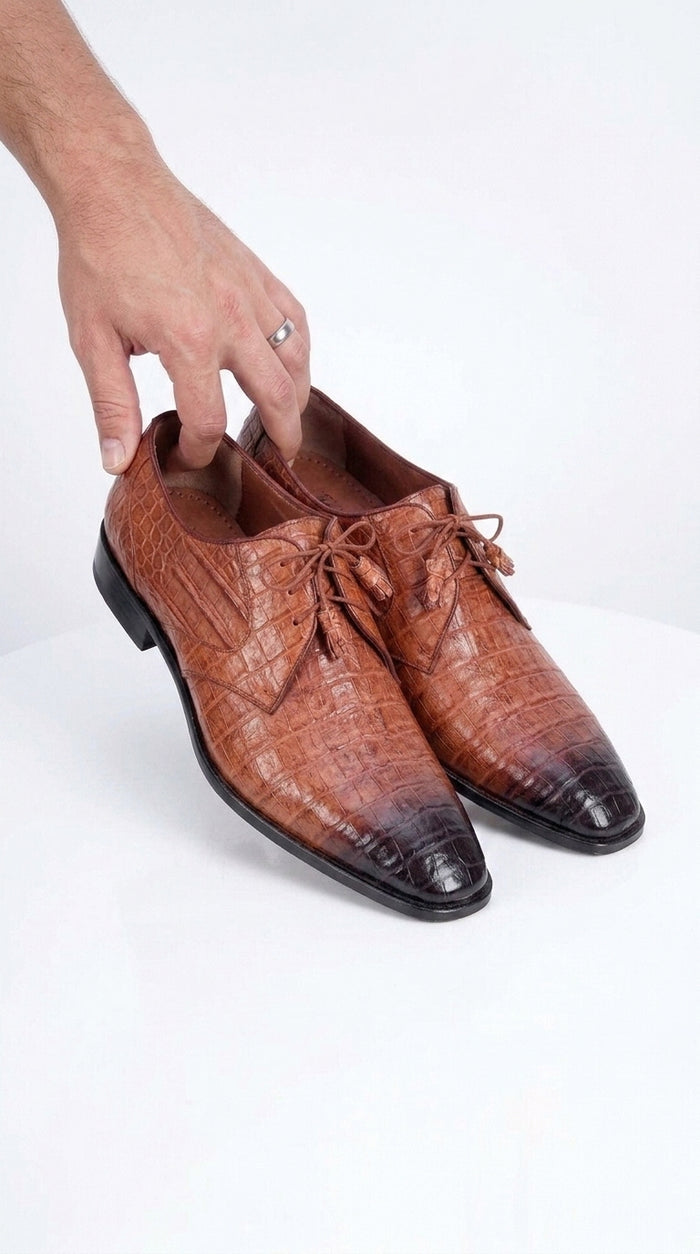 Men’s Los Altos Cognac Crocodile Italian Toe Shoes, Exotic Lace Up Dress Shoes