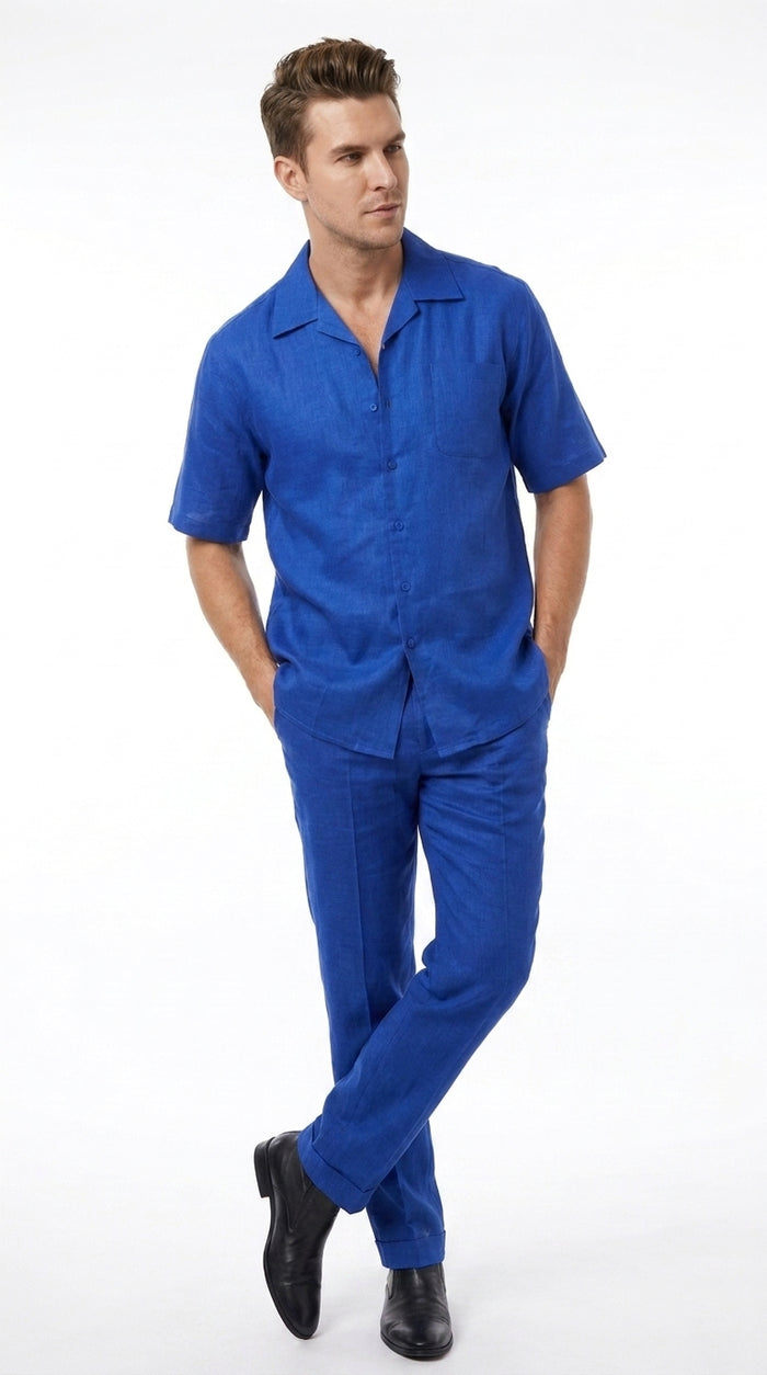 Men’s Royal Blue Linen Shirt and Pants Set, Casual Walking Suit Summer Outfit