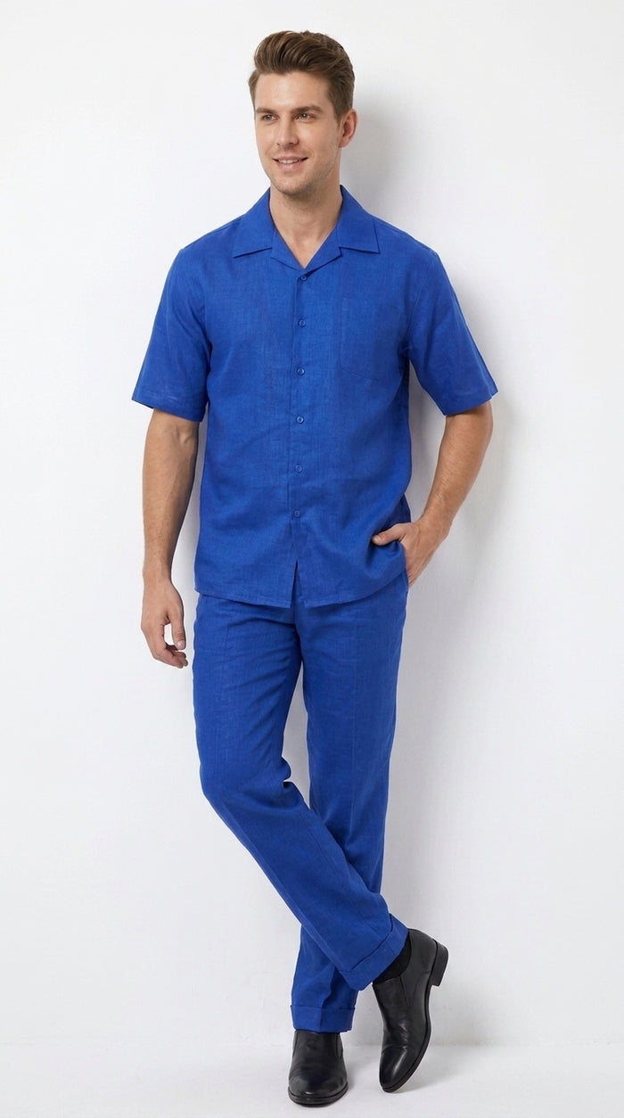 Men’s Royal Blue Linen Shirt and Pants Set, Casual Walking Suit Summer Outfit