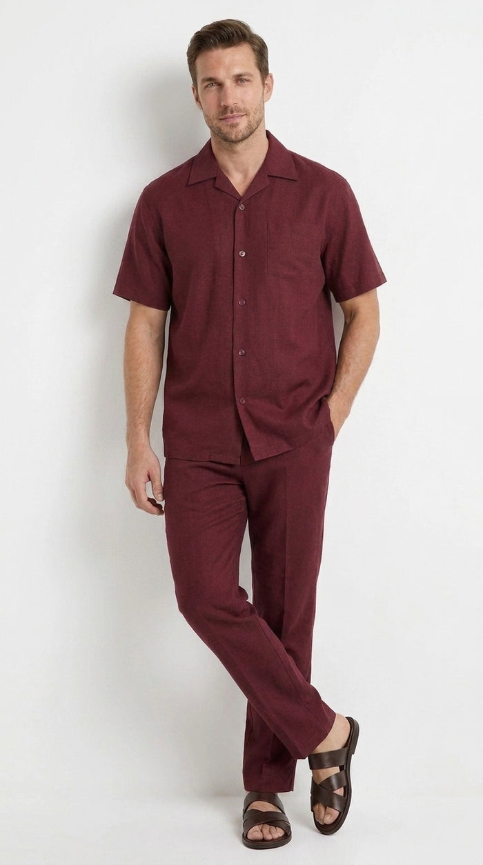 Men’s Burgundy Short Sleeve Walking Suit, Casual Summer Shirt and Pants Leisure Set