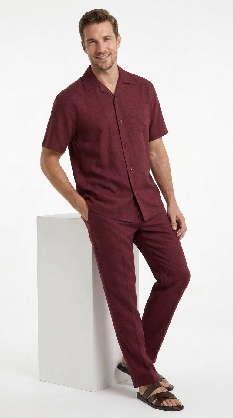 Men’s Burgundy Short Sleeve Walking Suit, Casual Summer Shirt and Pants Leisure Set