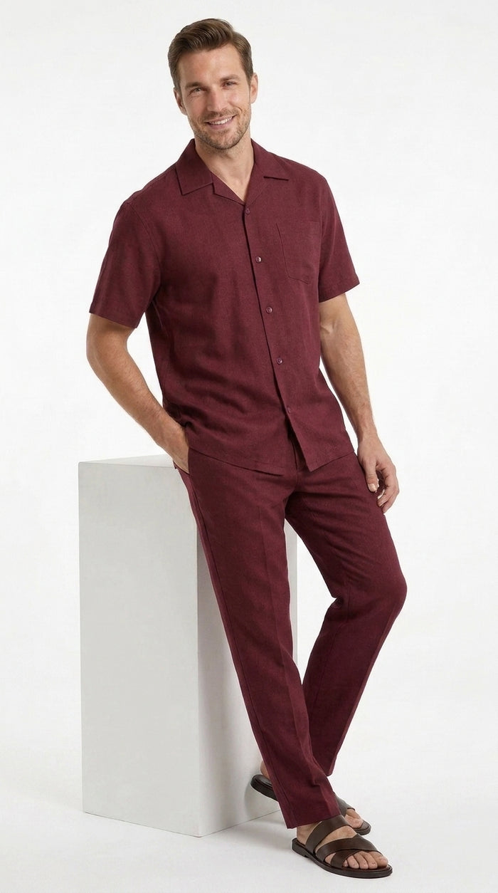 Men’s Burgundy Short Sleeve Walking Suit, Casual Summer Shirt and Pants Leisure Set