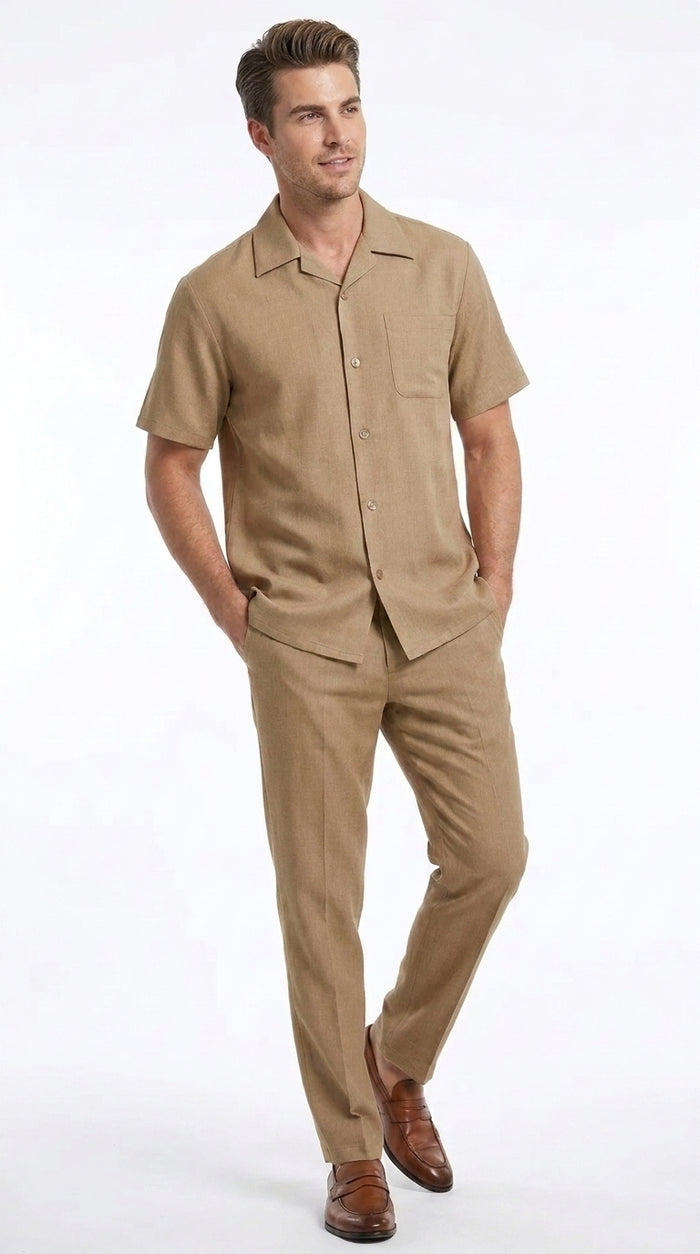 Men’s Tan Short Sleeve Walking Suit Casual Summer Leisure Set 2 Piece Shirt and Pants Outfit