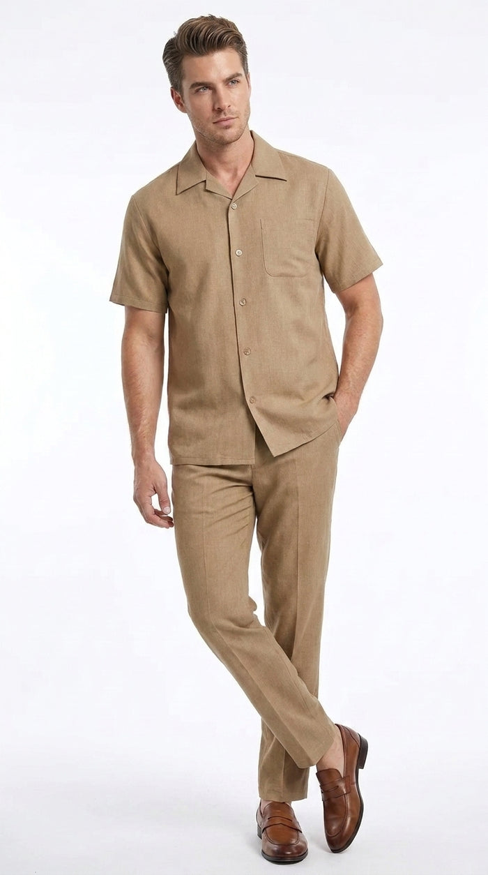 Men’s Tan Short Sleeve Walking Suit Casual Summer Leisure Set 2 Piece Shirt and Pants Outfit