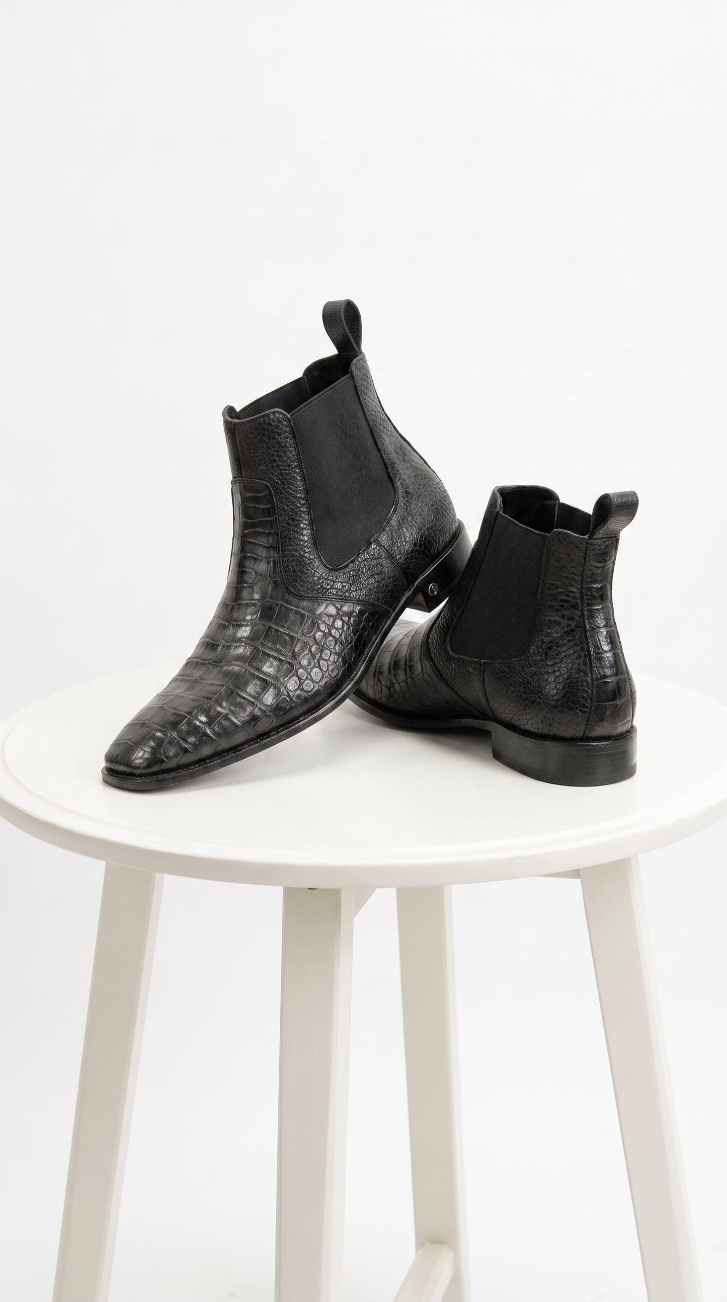 Men’s Black Vestigium Genuine Caiman Belly Chelsea Boots, Exotic Leather Dress Boots