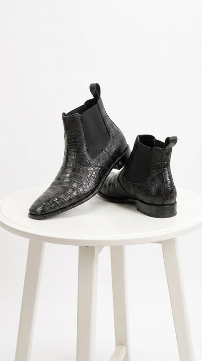 Men’s Black Vestigium Genuine Caiman Belly Chelsea Boots, Exotic Leather Dress Boots