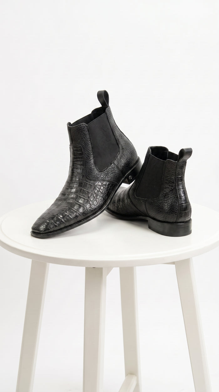 Men’s Black Vestigium Genuine Caiman Belly Chelsea Boots, Exotic Leather Dress Boots