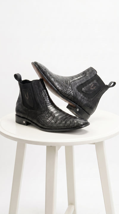 Men’s Black Vestigium Genuine Caiman Belly Chelsea Boots, Exotic Leather Dress Boots