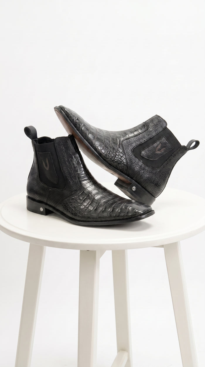 Men’s Black Vestigium Genuine Caiman Belly Chelsea Boots, Exotic Leather Dress Boots