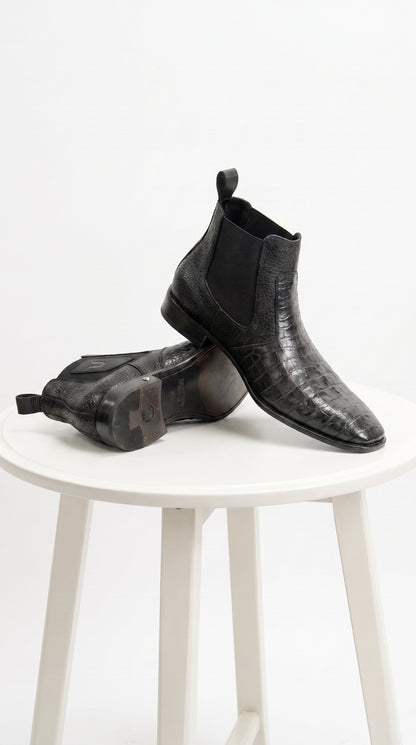 Men’s Black Vestigium Genuine Caiman Belly Chelsea Boots, Exotic Leather Dress Boots