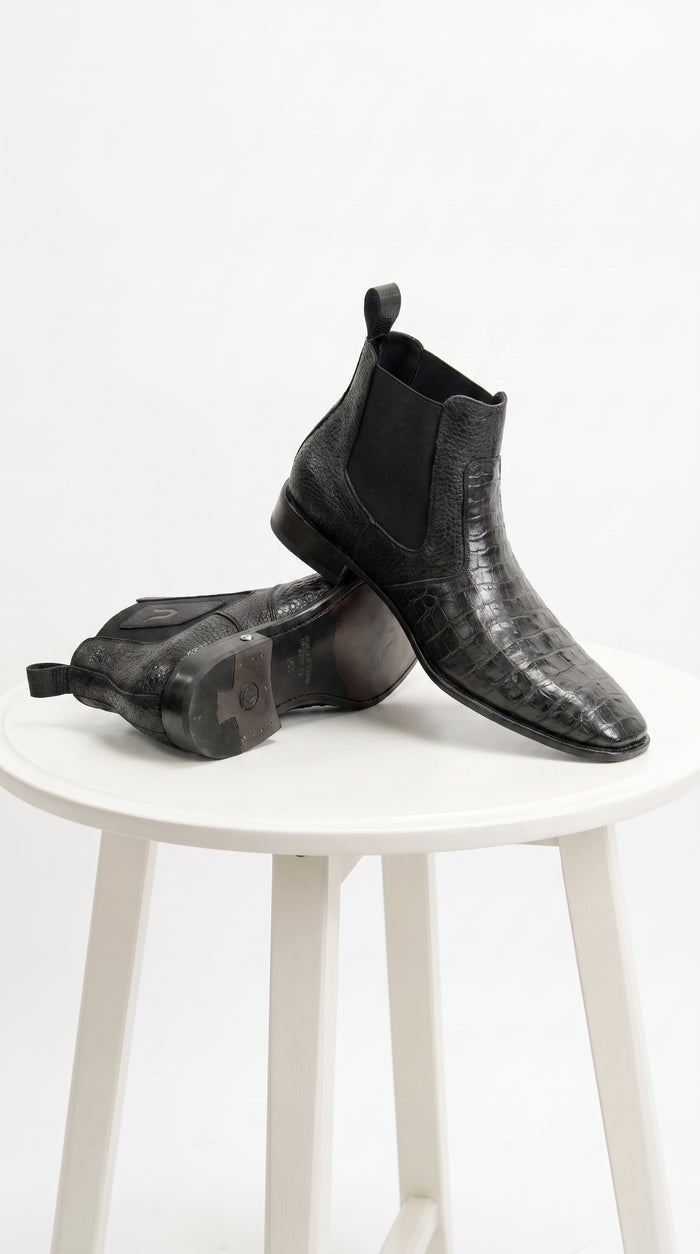 Men’s Black Vestigium Genuine Caiman Belly Chelsea Boots, Exotic Leather Dress Boots