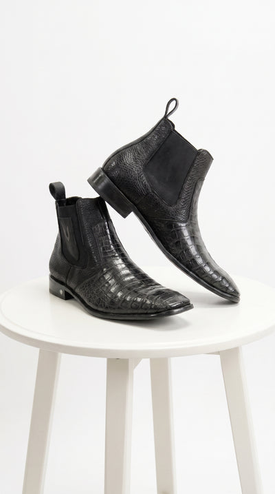 Men’s Black Vestigium Genuine Caiman Belly Chelsea Boots, Exotic Leather Dress Boots