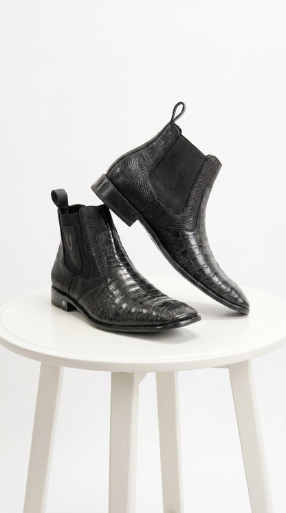 Men’s Black Vestigium Genuine Caiman Belly Chelsea Boots, Exotic Leather Dress Boots