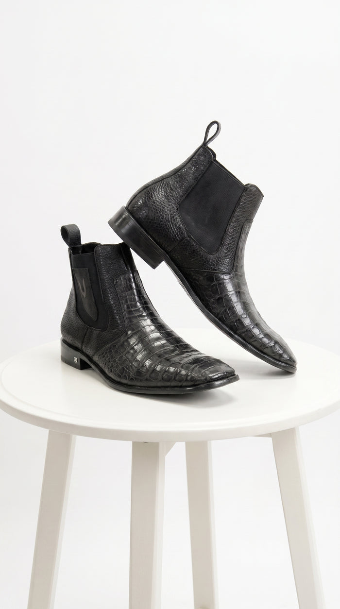 Men’s Black Vestigium Genuine Caiman Belly Chelsea Boots, Exotic Leather Dress Boots