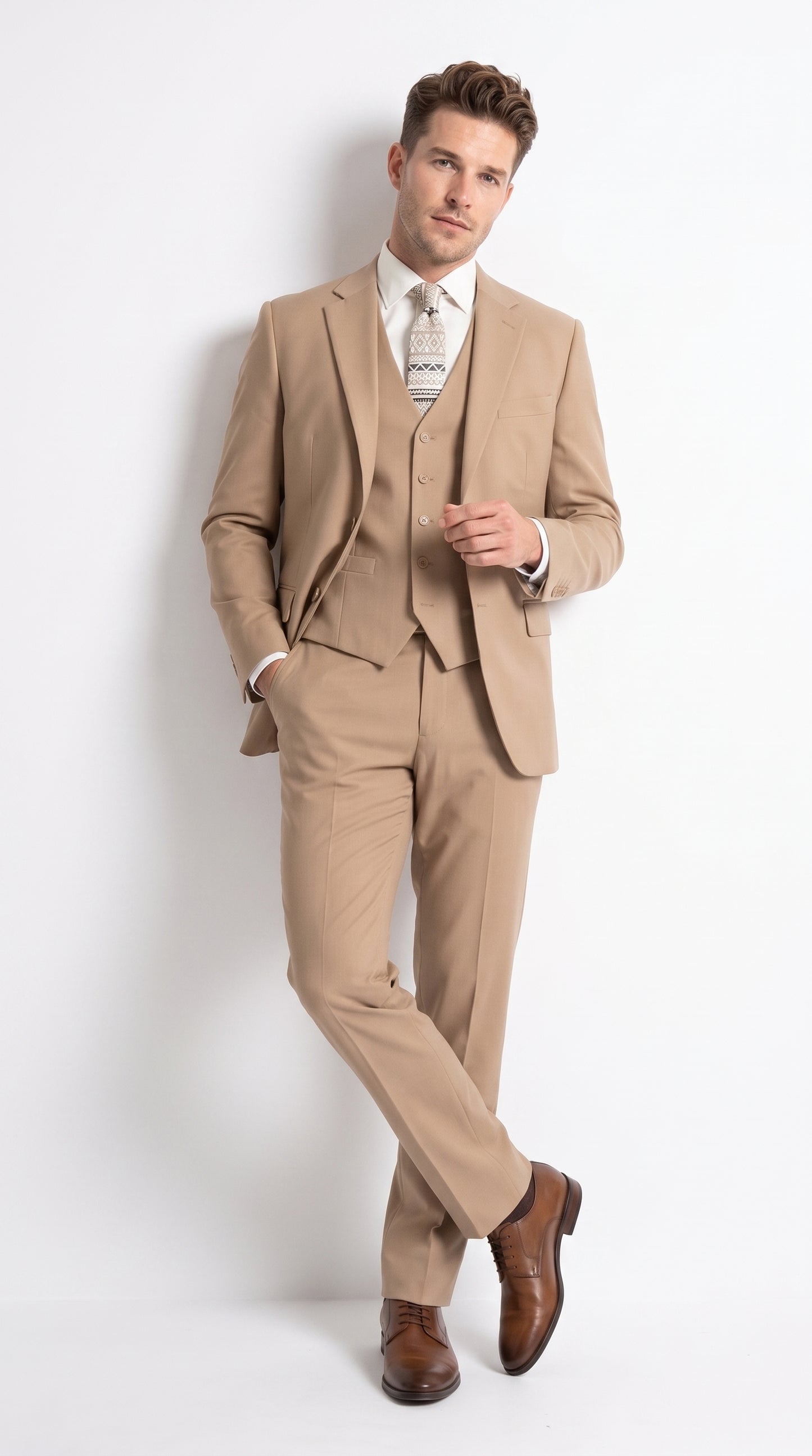 Apollo King Men’s Camel Classic Fit Vested Suit, 3 Piece Formal Wedding Business Dress Suit