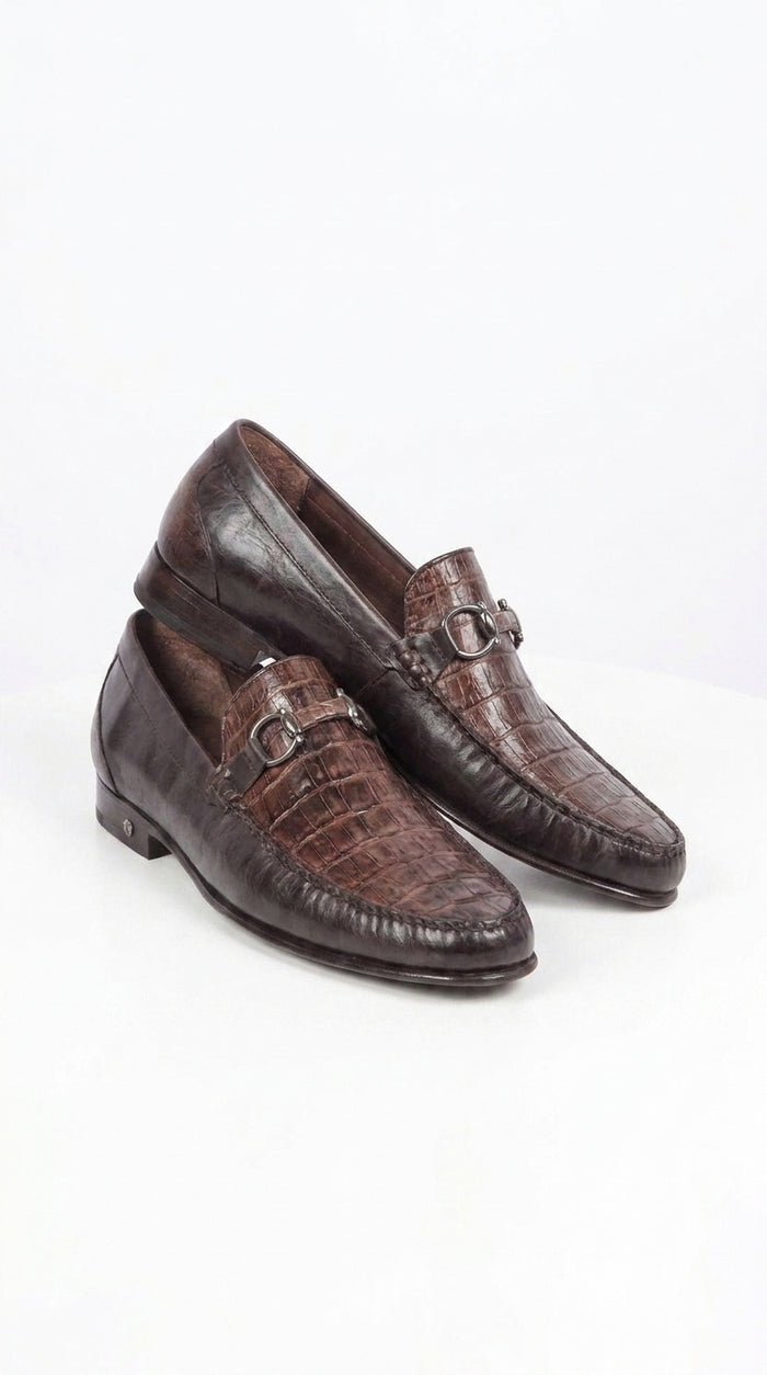 Lombardy Men’s Crocodile Calfskin Bit Loafers, Exotic Dress Casual Slip-On Shoes