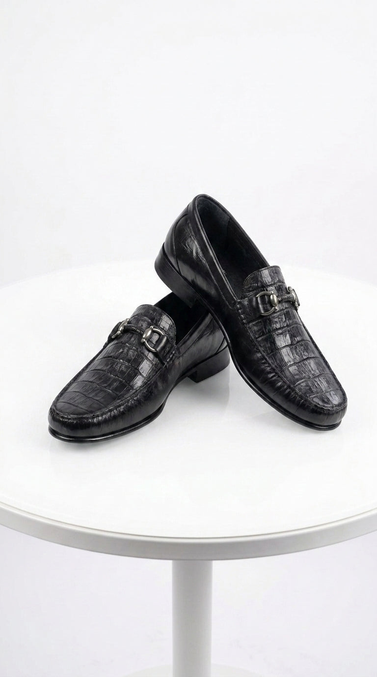 Lombardy Men’s Crocodile Calfskin Bit Loafers, Exotic Dress Casual Slip-On Shoes