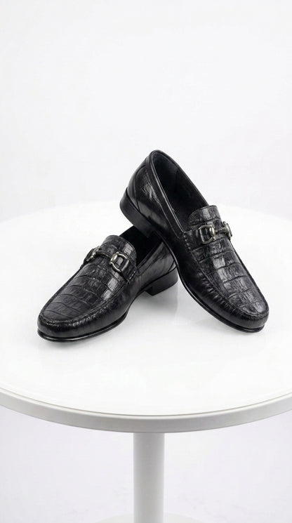 Lombardy Men’s Crocodile Calfskin Bit Loafers, Exotic Dress Casual Slip-On Shoes