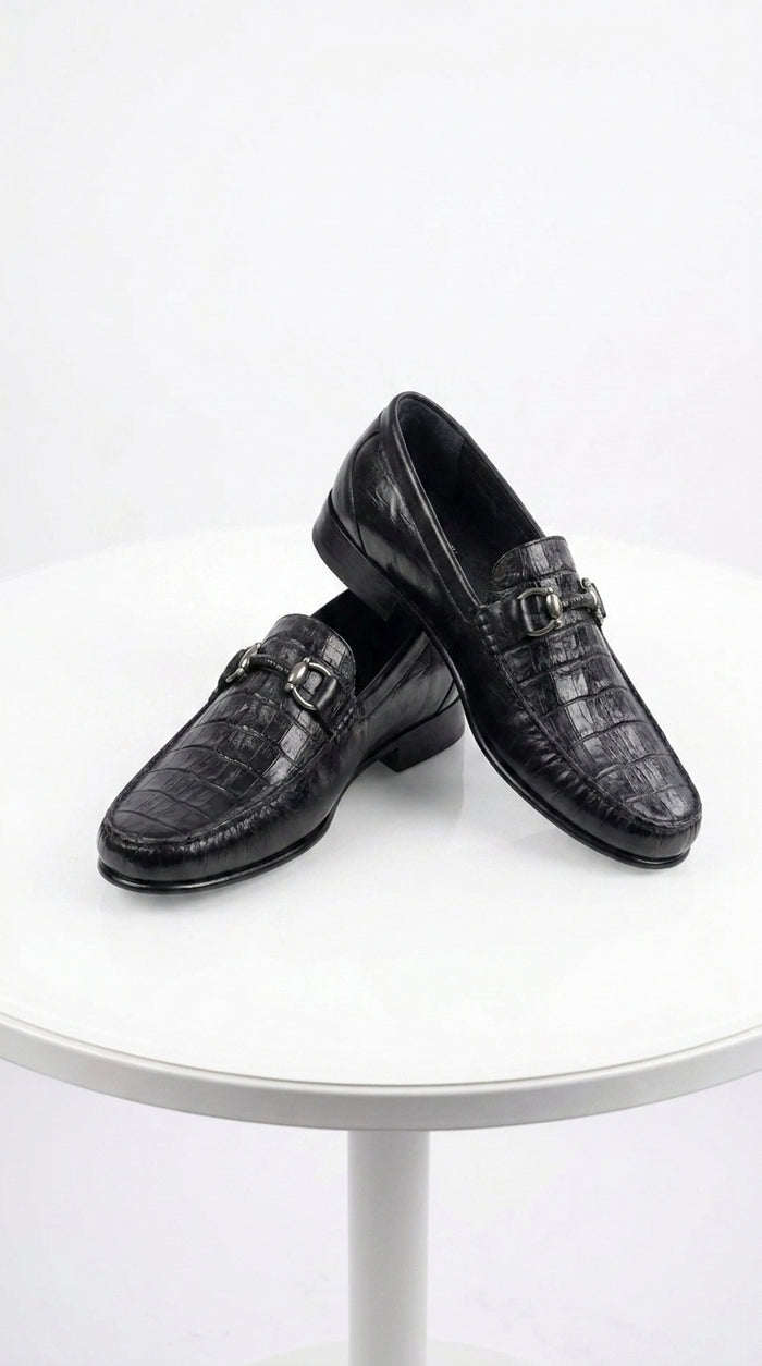Lombardy Men’s Crocodile Calfskin Bit Loafers, Exotic Dress Casual Slip-On Shoes