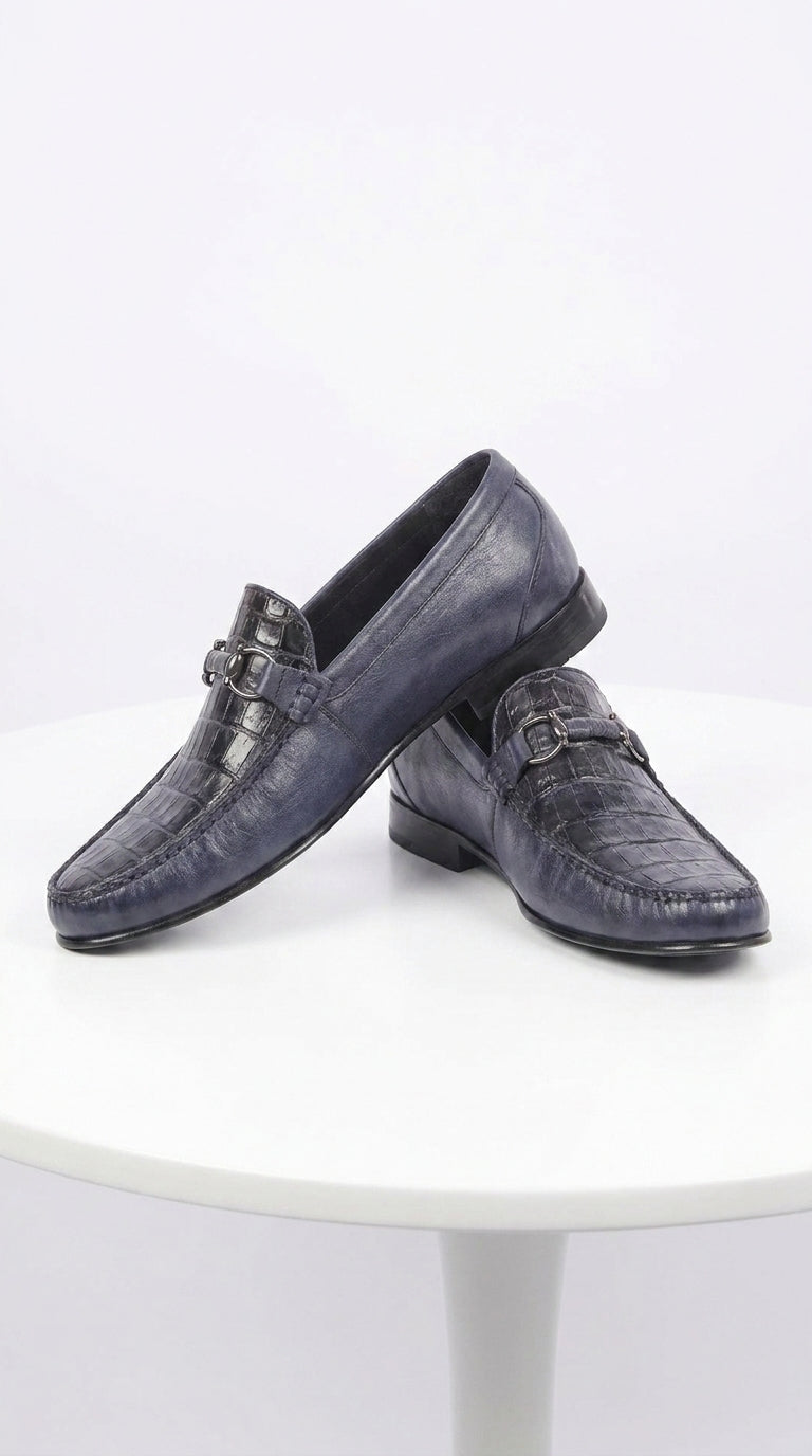 Lombardy Men’s Crocodile Calfskin Bit Loafers, Exotic Dress Casual Slip-On Shoes