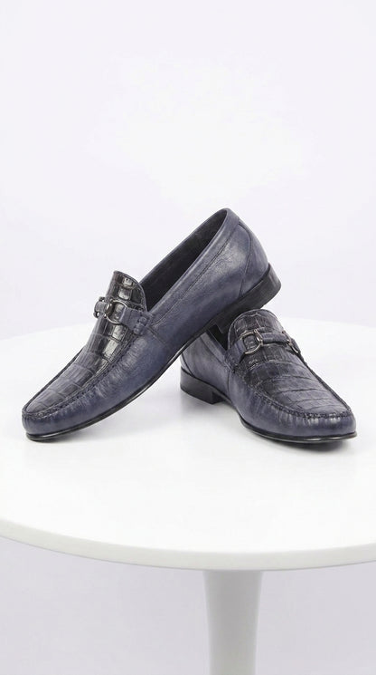 Lombardy Men’s Crocodile Calfskin Bit Loafers, Exotic Dress Casual Slip-On Shoes