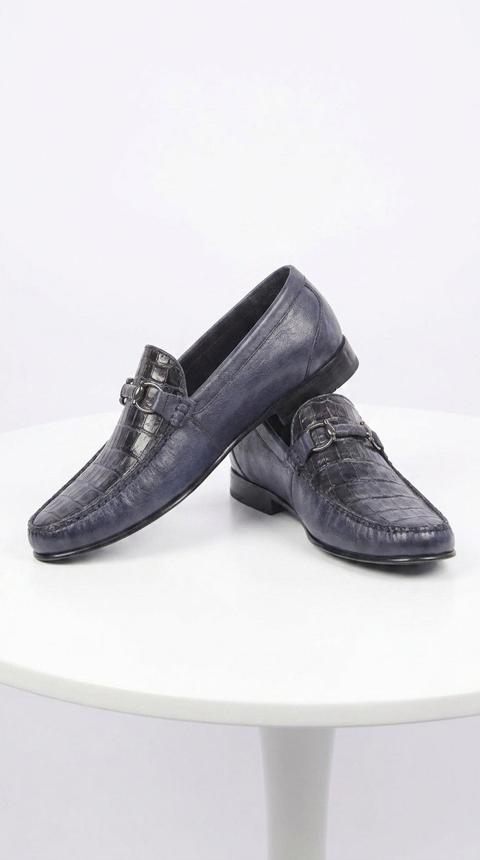 Lombardy Men’s Crocodile Calfskin Bit Loafers, Exotic Dress Casual Slip-On Shoes