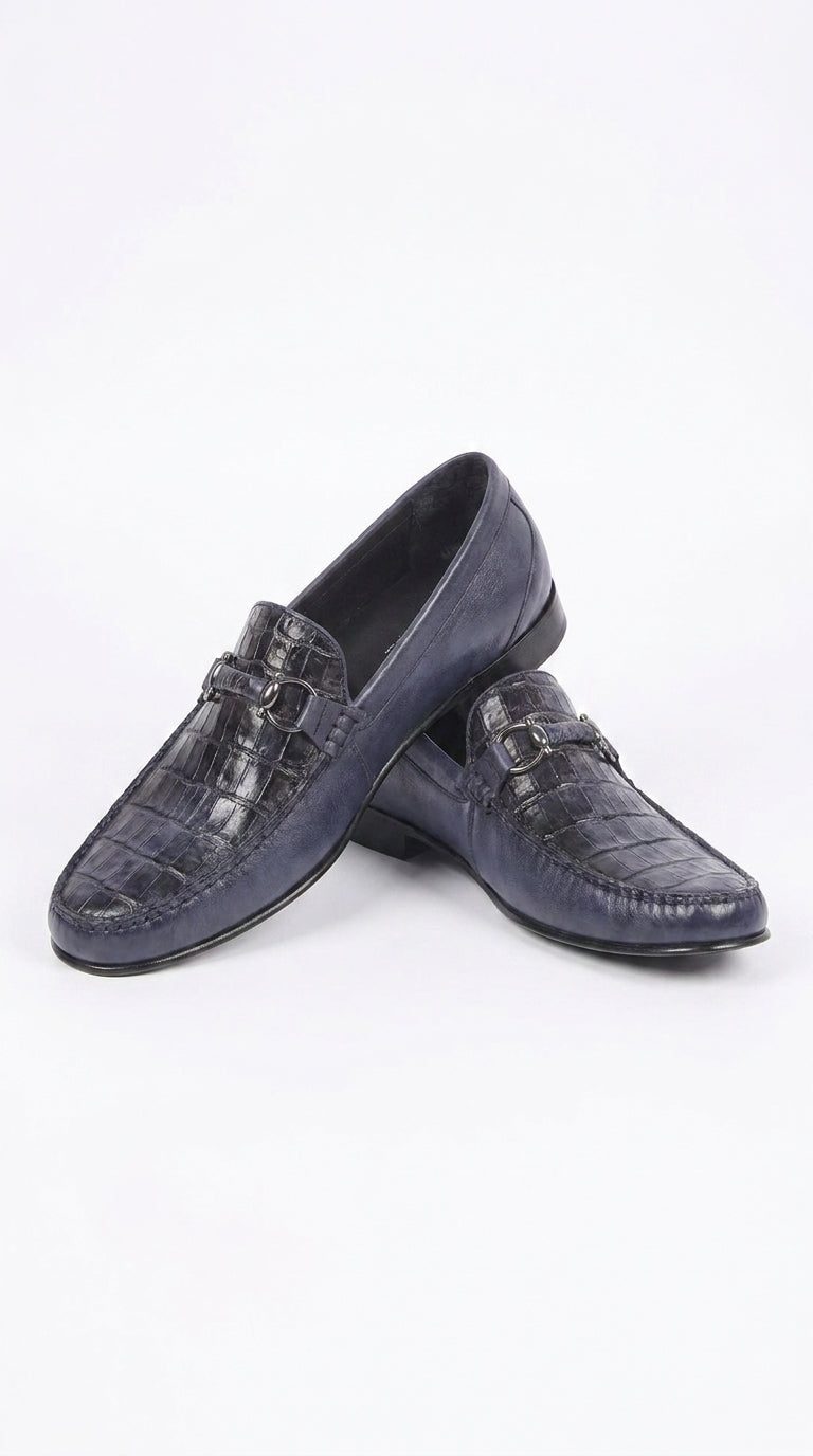 Lombardy Men’s Crocodile Calfskin Bit Loafers, Exotic Dress Casual Slip-On Shoes