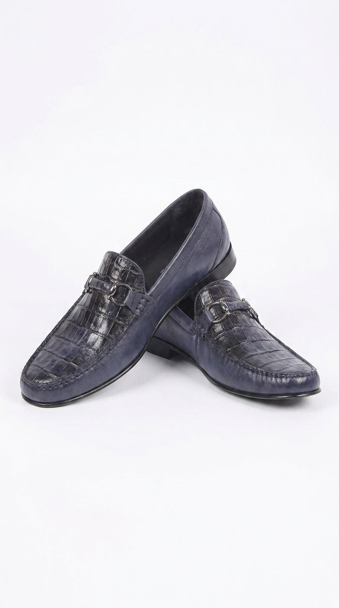 Lombardy Men’s Crocodile Calfskin Bit Loafers, Exotic Dress Casual Slip-On Shoes