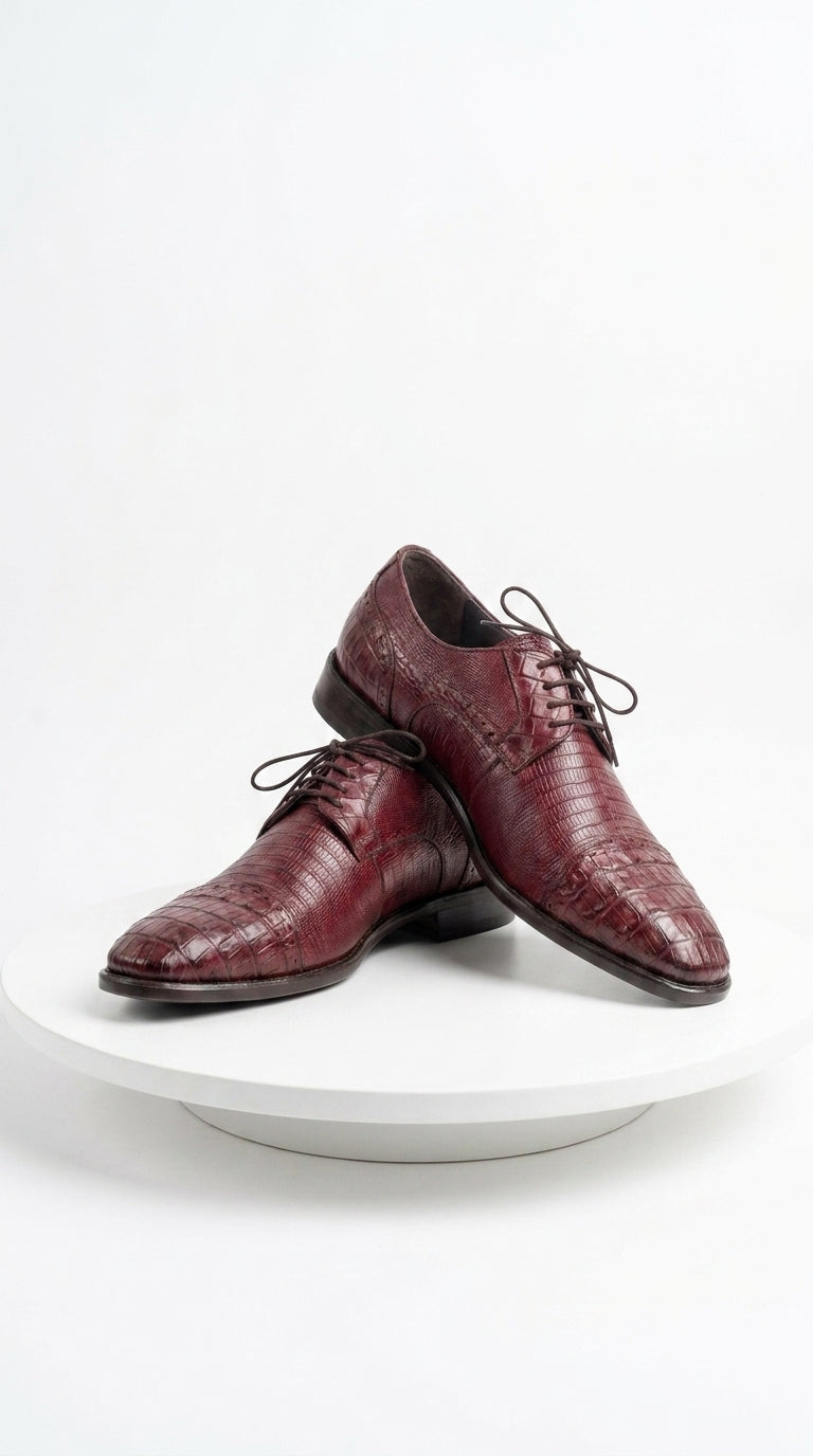 Men’s Los Altos Burgundy Lizard Crocodile Bike Toe Shoes, Exotic Lace Up Dress Shoes