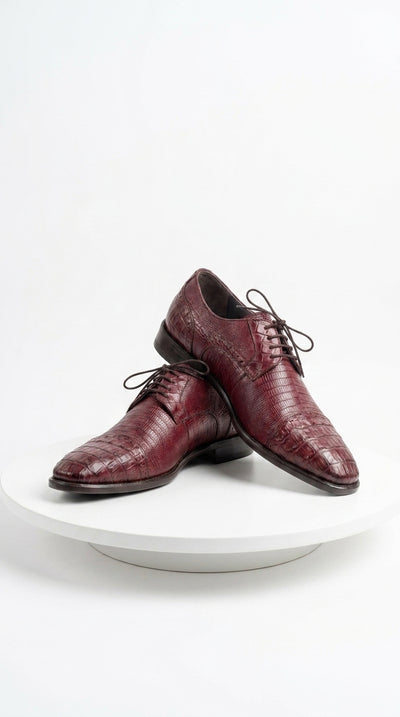 Men’s Los Altos Burgundy Lizard Crocodile Bike Toe Shoes, Exotic Lace Up Dress Shoes