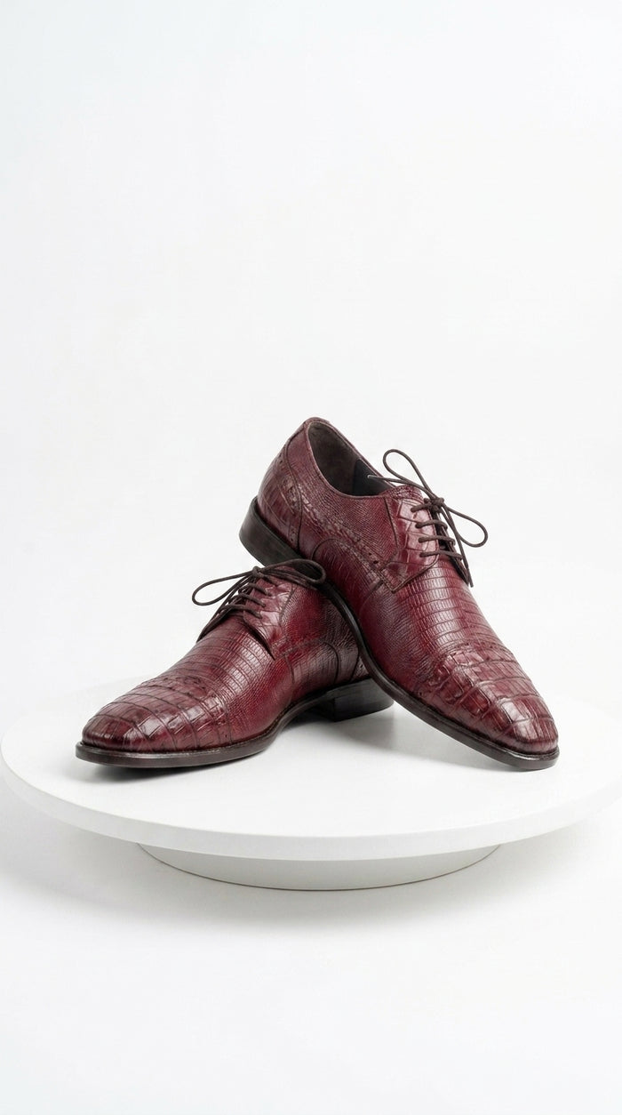 Men’s Los Altos Burgundy Lizard Crocodile Bike Toe Shoes, Exotic Lace Up Dress Shoes