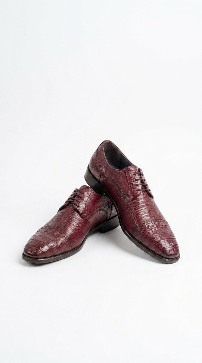 Men’s Los Altos Burgundy Lizard Crocodile Bike Toe Shoes, Exotic Lace Up Dress Shoes