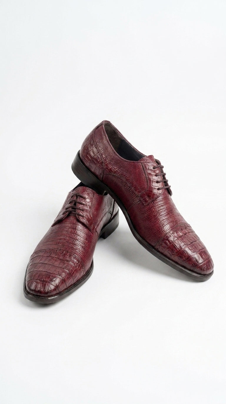 Men’s Los Altos Burgundy Lizard Crocodile Bike Toe Shoes, Exotic Lace Up Dress Shoes