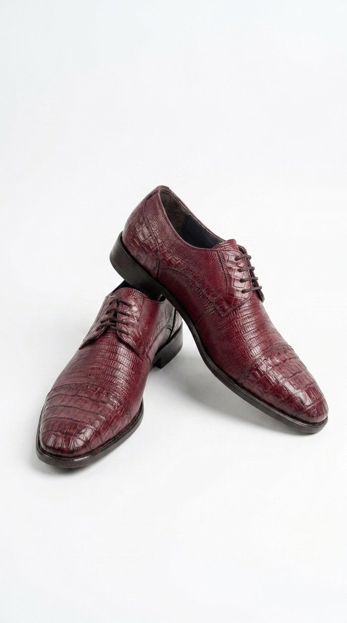 Men’s Los Altos Burgundy Lizard Crocodile Bike Toe Shoes, Exotic Lace Up Dress Shoes