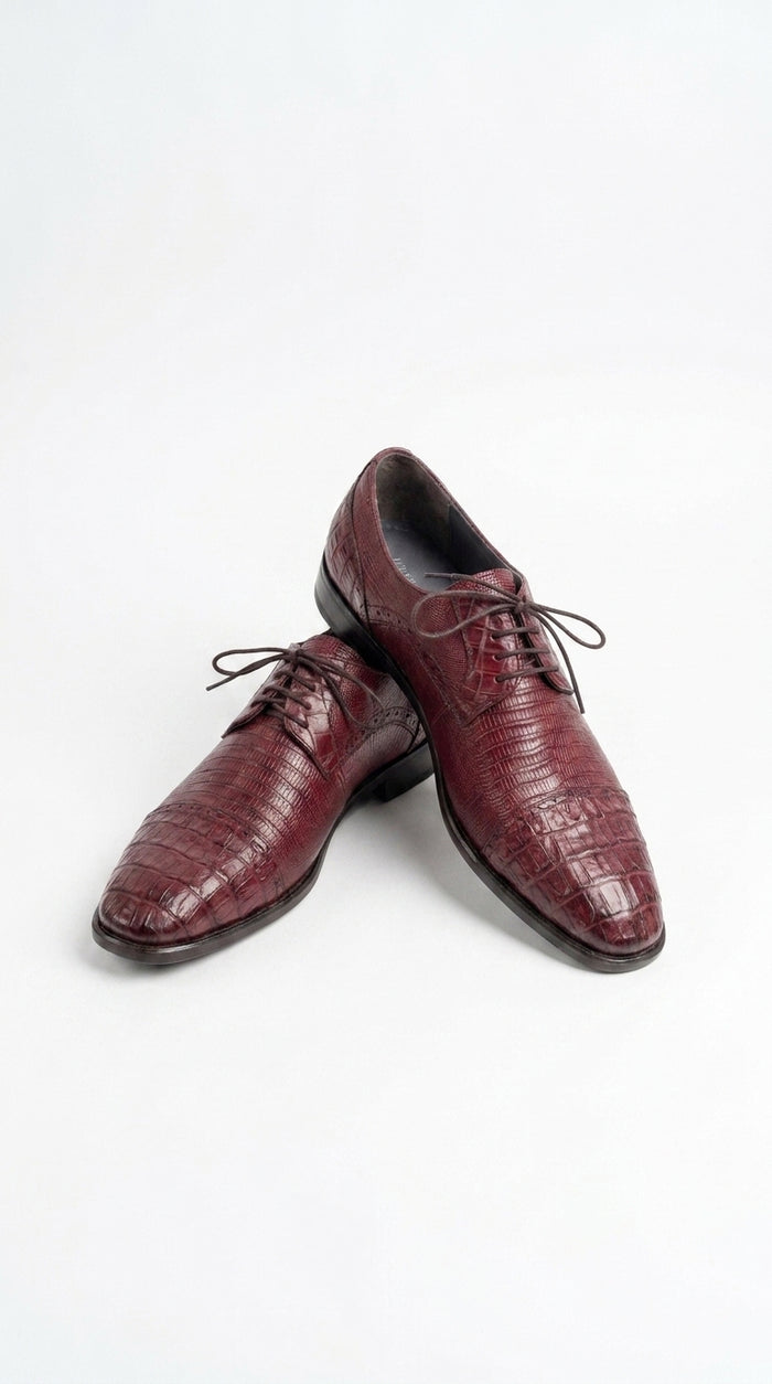 Men’s Los Altos Burgundy Lizard Crocodile Bike Toe Shoes, Exotic Lace Up Dress Shoes