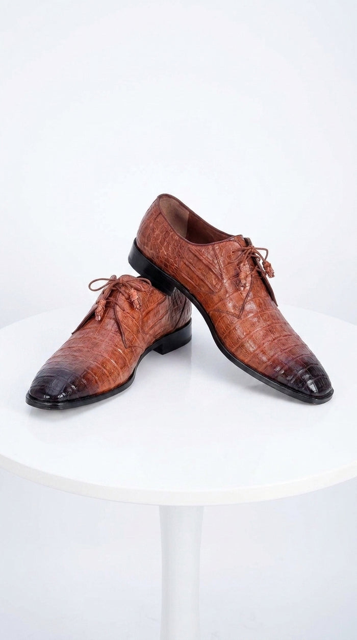 Men’s Los Altos Cognac Crocodile Italian Toe Shoes, Exotic Lace Up Dress Shoes