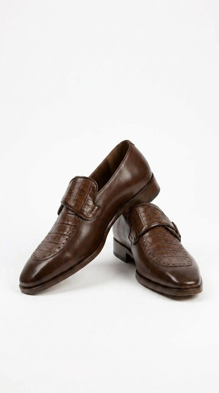 Lombardy Men’s Caiman Belly and Calfskin Monkstrap Dress Shoes, Black and Brown Exotic Formal Shoes