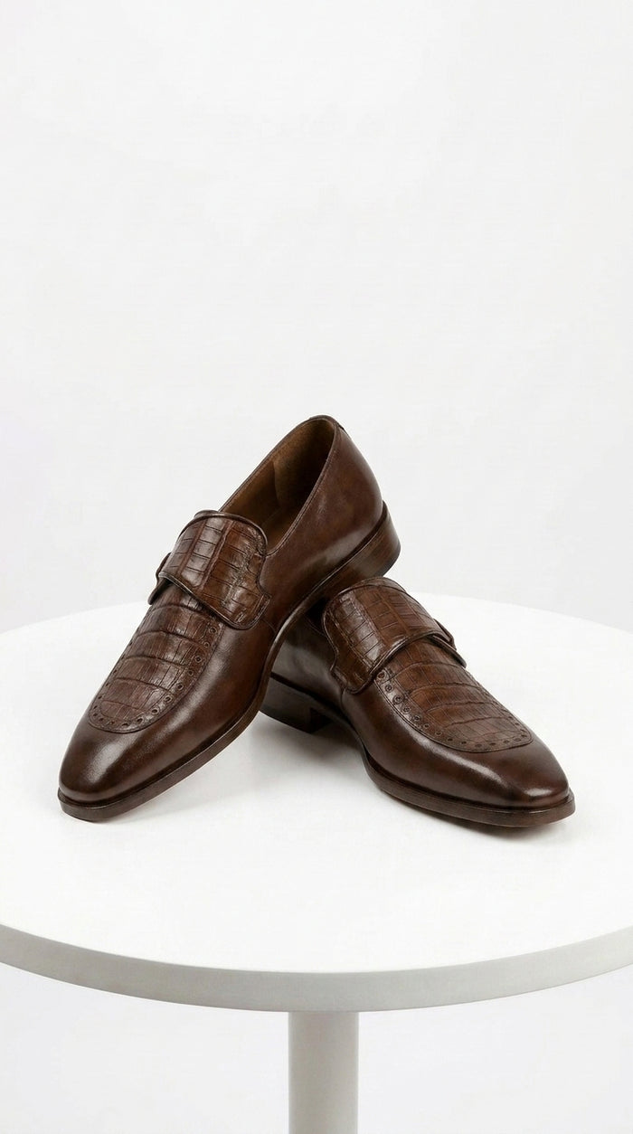 Lombardy Men’s Caiman Belly and Calfskin Monkstrap Dress Shoes, Black and Brown Exotic Formal Shoes