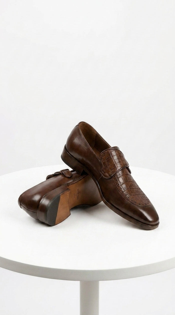 Lombardy Men’s Caiman Belly and Calfskin Monkstrap Dress Shoes, Black and Brown Exotic Formal Shoes