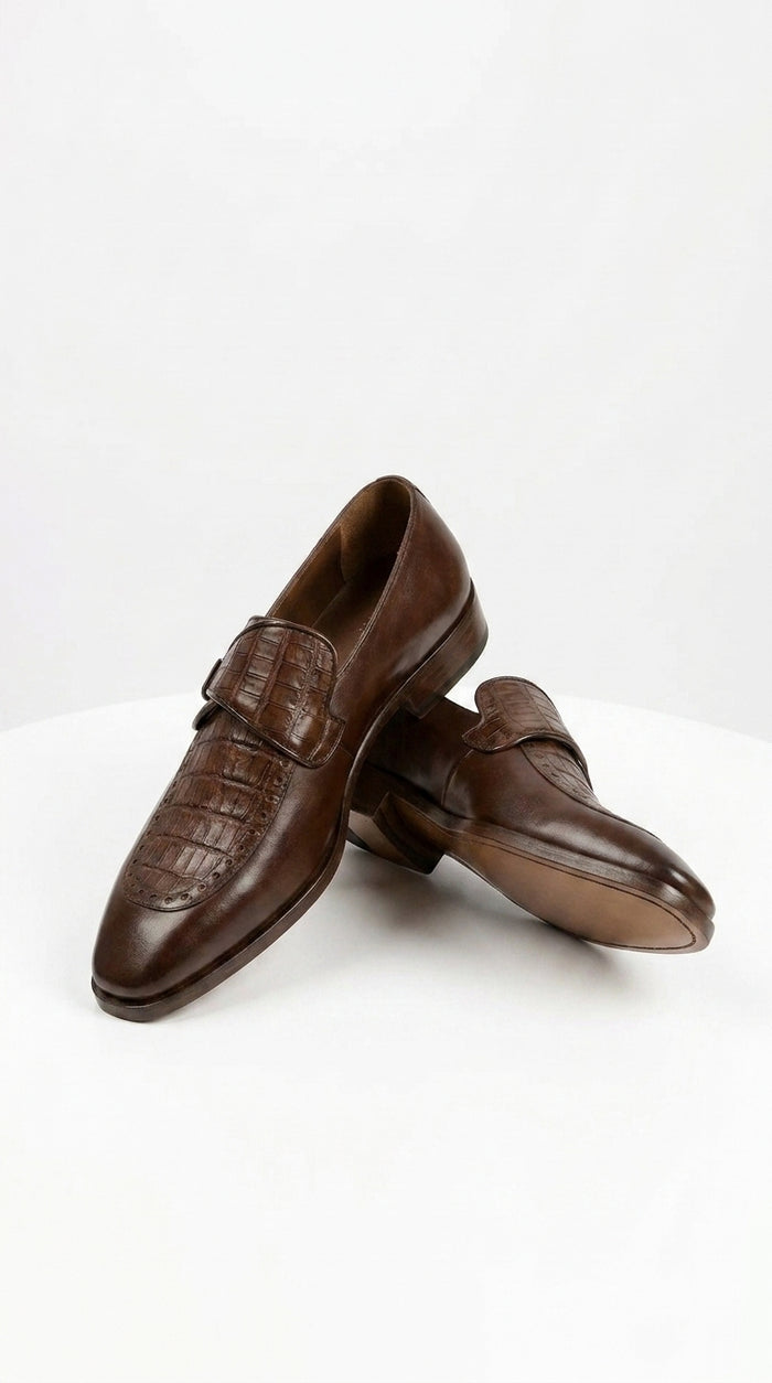 Lombardy Men’s Caiman Belly and Calfskin Monkstrap Dress Shoes, Black and Brown Exotic Formal Shoes