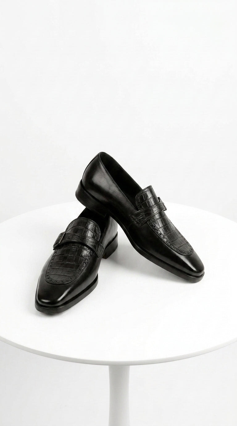 Lombardy Men’s Caiman Belly and Calfskin Monkstrap Dress Shoes, Black and Brown Exotic Formal Shoes