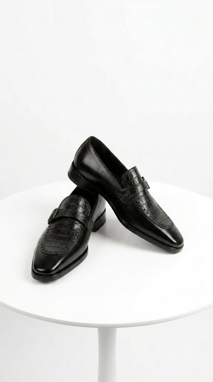 Lombardy Men’s Caiman Belly and Calfskin Monkstrap Dress Shoes, Black and Brown Exotic Formal Shoes