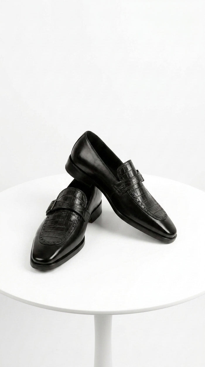 Lombardy Men’s Caiman Belly and Calfskin Monkstrap Dress Shoes, Black and Brown Exotic Formal Shoes