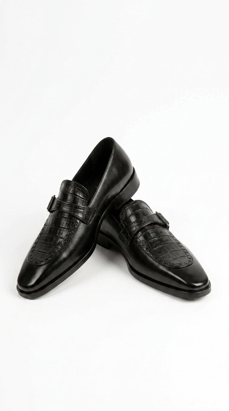 Lombardy Men’s Caiman Belly and Calfskin Monkstrap Dress Shoes, Black and Brown Exotic Formal Shoes