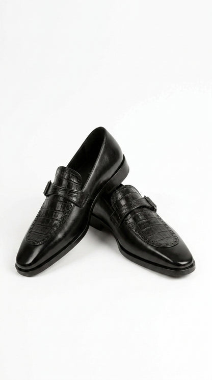 Lombardy Men’s Caiman Belly and Calfskin Monkstrap Dress Shoes, Black and Brown Exotic Formal Shoes