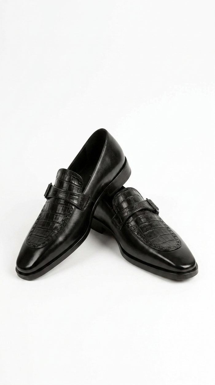 Lombardy Men’s Caiman Belly and Calfskin Monkstrap Dress Shoes, Black and Brown Exotic Formal Shoes