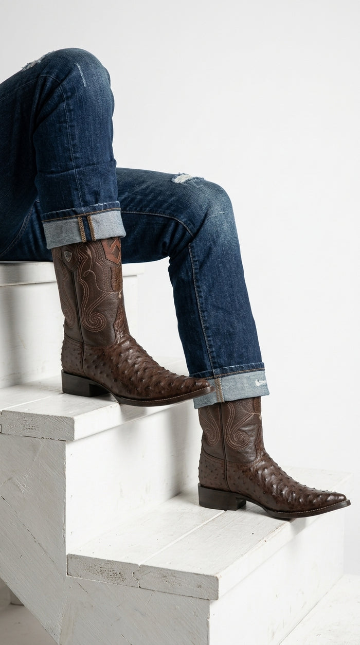 Men’s Wild West Yellow Gold Ostrich Skin 3X Toe Boots 29503-A, Exotic Western Cowboy Boots