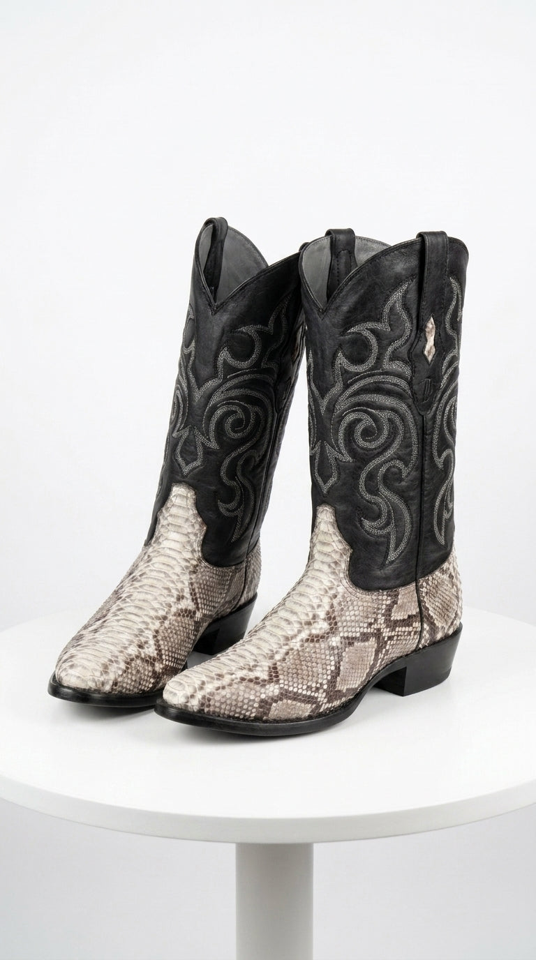 Men’s Los Altos Natural Python Snakeskin Round Toe Boots, Exotic Western Cowboy Dress Boots